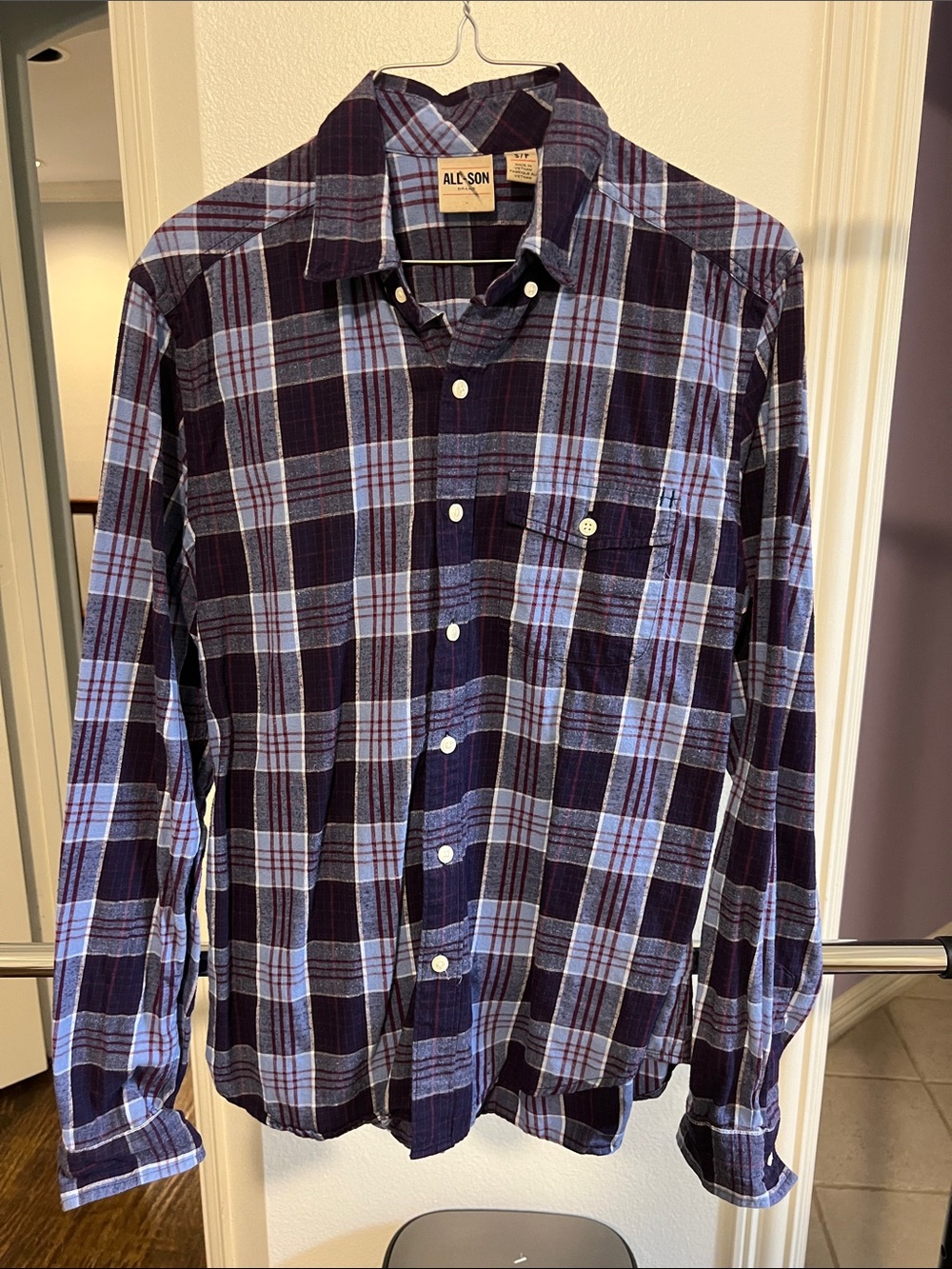Allson Men’s Navy and Light Blue Plaid Button-Down Shirt
